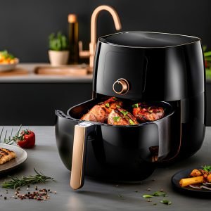 Create a professional advertising photograph of an air fryer in a modern kitchen. The scene should include the air fryer with food inside and beautifully arranged on the counter. Ensure the lighting is warm and natural, with realistic colors --ar 3:2 --style raw --personalize exnatwy --stylize 600 Job ID: bcc30f7d-2ac2-4a6b-b8e2-153ec2d35e81